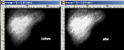 before and after adjusting the brightness and contrast of the Clouds layer